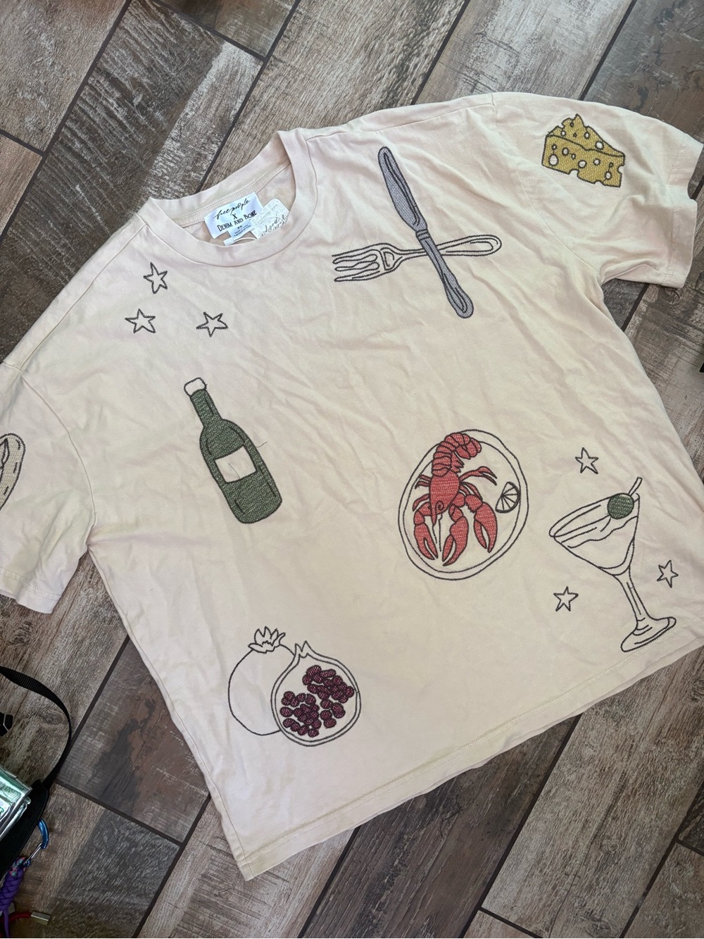 Free People Denim and Bone Dinner Party Embroidered Oversized Tee XS